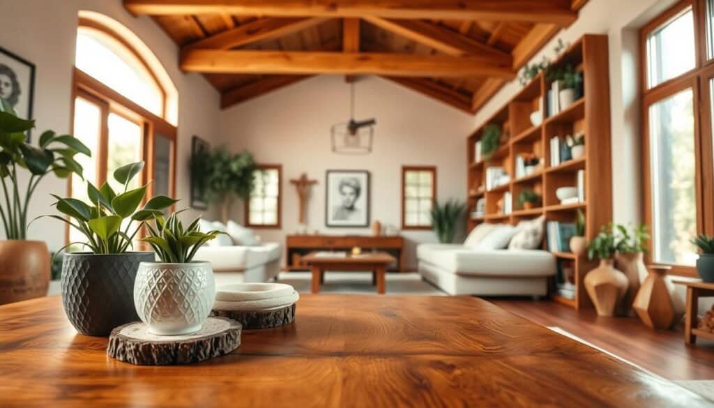 A cozy interior featuring natural wood décor that embodies warmth and balance. In the foreground, a beautifully crafted, rustic wooden coffee table with intricate grain patterns is adorned with potted green plants and a couple of soft fabric coasters. The middle ground showcases a welcoming living space with wooden beams overhead, light beige walls, and a large window letting in soft, natural daylight. In the background, an elegantly arranged wooden bookshelf displays a mix of books, green plants, and a few ceramic decorative pieces, enhancing the homely atmosphere. The scene is lit with warm, soft lighting, creating an inviting mood. Capture this image at a slight angle to emphasize depth, focusing on the rich textures and harmonious colors of the wood in a serene setting.