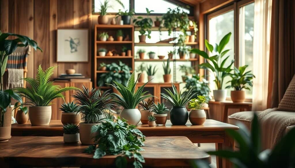 A cozy interior scene blending rich wood textures with vibrant greenery. In the foreground, a beautifully crafted wooden coffee table adorned with an array of potted plants, featuring lush ferns and succulents in ceramic pots. The middle ground showcases a wooden bookshelf filled with more houseplants, interspersed with decorative wooden objects and a soft, woven throw. In the background, a large window allows warm, natural light to flood the room, highlighting the organic patterns of the wood and casting soft shadows. The overall mood is inviting and harmonious, evoking a sense of warmth and connection to nature. Soft focus to enhance the peaceful atmosphere, with a slight tilt angle to create a dynamic perspective.