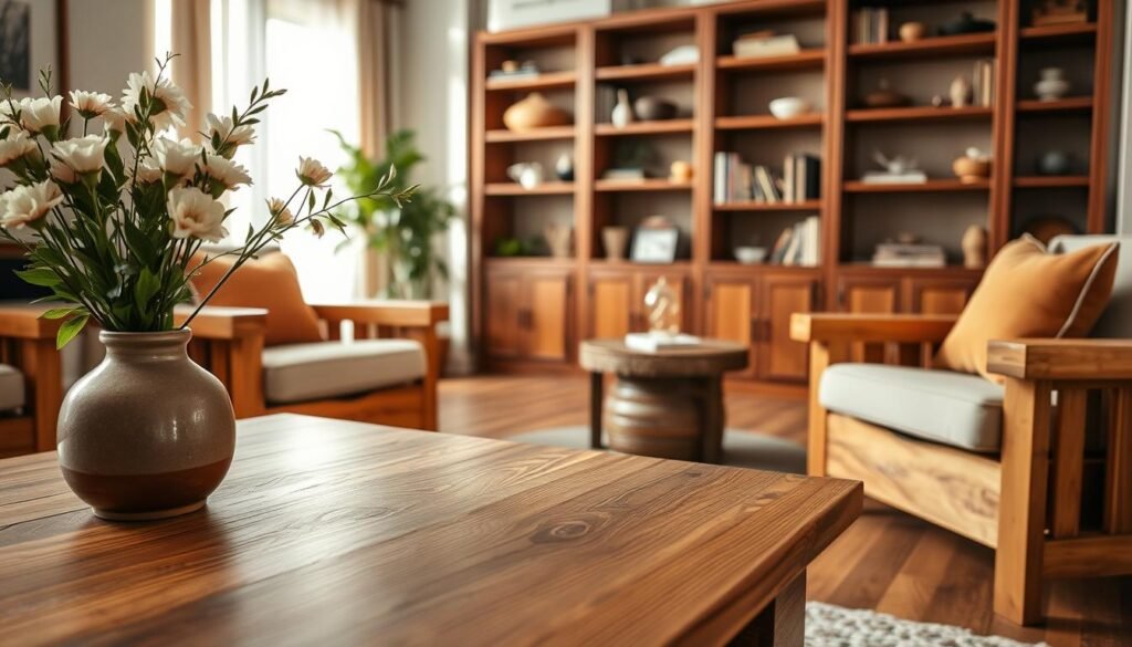 A cozy interior scene featuring an array of beautifully crafted wooden furniture pieces. In the foreground, a rustic oak coffee table, adorned with a simple ceramic vase holding fresh flowers, and a couple of inviting armchairs, styled with warm-toned cushions. The middle ground showcases a serene wooden bookshelf filled with neatly arranged books and decorative items, exuding charm. In the background, a softly lit living space with natural light filtering through sheer curtains highlights the warm hues of polished wood. Capture the tranquility and welcoming atmosphere of the room, focusing on textures and natural grains of the wood. Use soft, warm lighting to evoke a sense of comfort and relaxation, shot with a slight depth of field to direct attention to the furniture details.