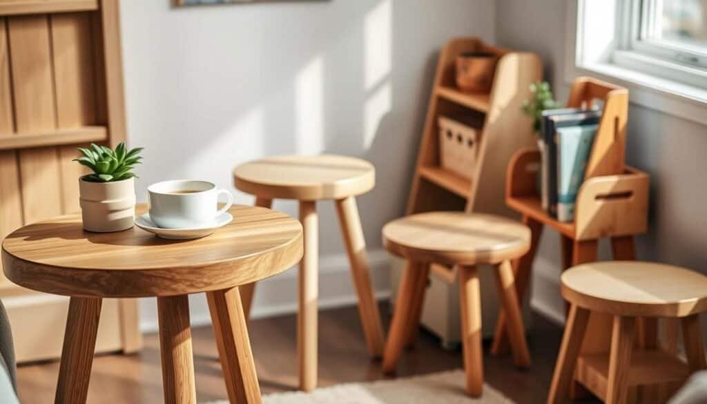 A cozy interior scene featuring an assortment of small wooden furniture pieces, including a charming side table, a minimalist stool, and a delicate bookshelf. The foreground showcases a polished oak side table adorned with a small potted plant and a steaming cup, with warm, natural wood tones emphasizing a welcoming feel. In the middle, a sleek, handcrafted wooden stool adds to the aesthetic, while a small bookshelf with artisanal craftsmanship leans against the wall, holding a few well-loved books. The background reveals soft, indirect lighting filtering through a nearby window, casting gentle shadows and highlighting the grain of the wood. The overall mood is warm and inviting, perfect for a homely atmosphere.