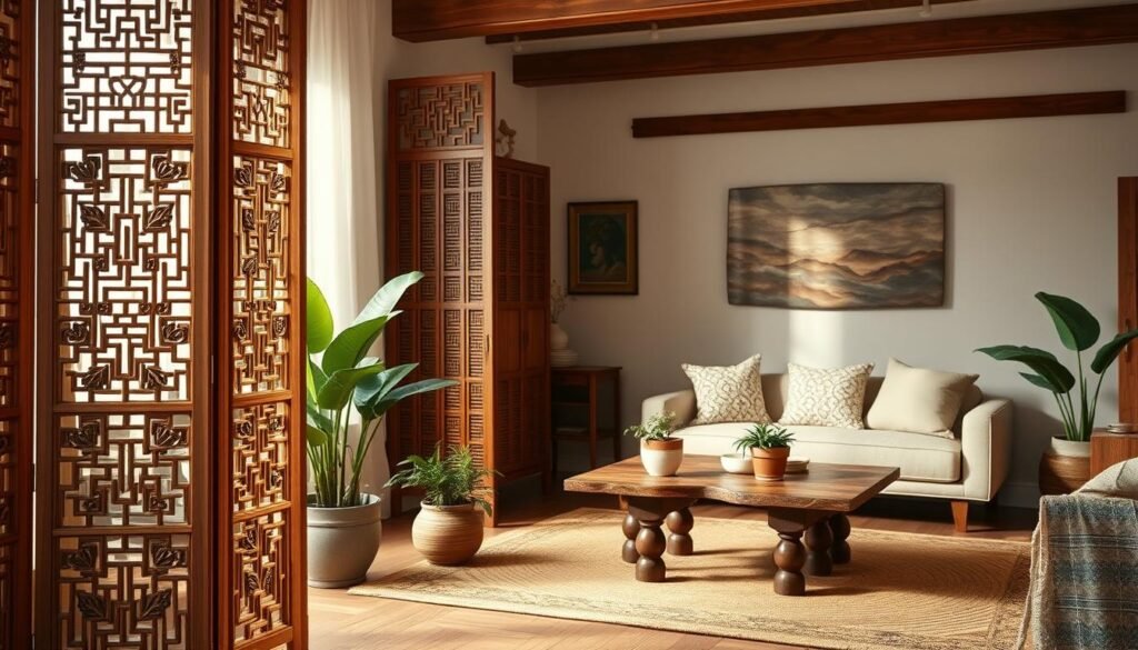 A cozy interior scene featuring elegant wooden room dividers and screens, artistically arranged to create intimate spaces. In the foreground, a beautifully crafted wooden divider with intricate carvings stands tall, allowing soft light to filter through its slats. In the middle ground, a warm-toned, rug adds comfort beneath a rustic coffee table accompanied by potted plants, enhancing the inviting atmosphere. The background showcases a softly lit living area with neutral walls and warm wooden accents, creating a harmonious ambiance. The overall mood is serene and welcoming, evoking a sense of warmth and tranquility. The lighting is soft and diffused, reminiscent of a late afternoon glow, captured with a slightly elevated angle to emphasize depth and texture in this stylish home décor setting.