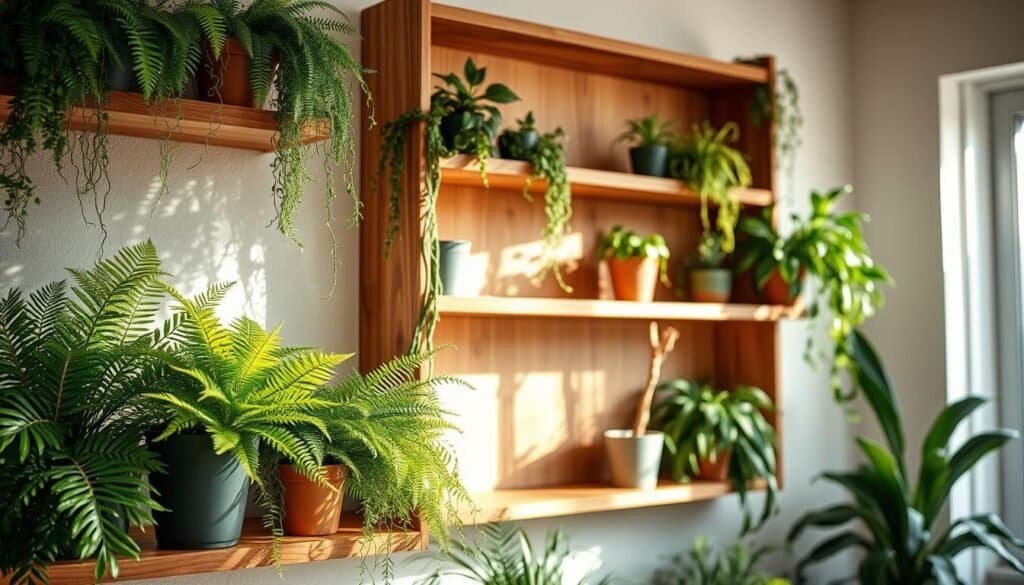 A cozy interior scene showcasing a wall-mounted wooden shelving unit designed for displaying a variety of lush, vibrant plants. The foreground features beautifully arranged potted plants, including ferns, succulents, and trailing vines, artfully cascading over the edges of the shelves. In the middle, the warm-toned wooden shelves create a rustic yet modern aesthetic, with rich textures and grain visible. The background includes a softly blurred wall, painted in a subtle off-white to enhance the greenery. Natural light filters through a nearby window, casting gentle shadows and highlighting the plants’ vibrant colors, evoking a serene and organic atmosphere that promotes warmth and tranquility. Capture this scene from a slightly elevated angle, focusing on the harmony between the wood and the plants.