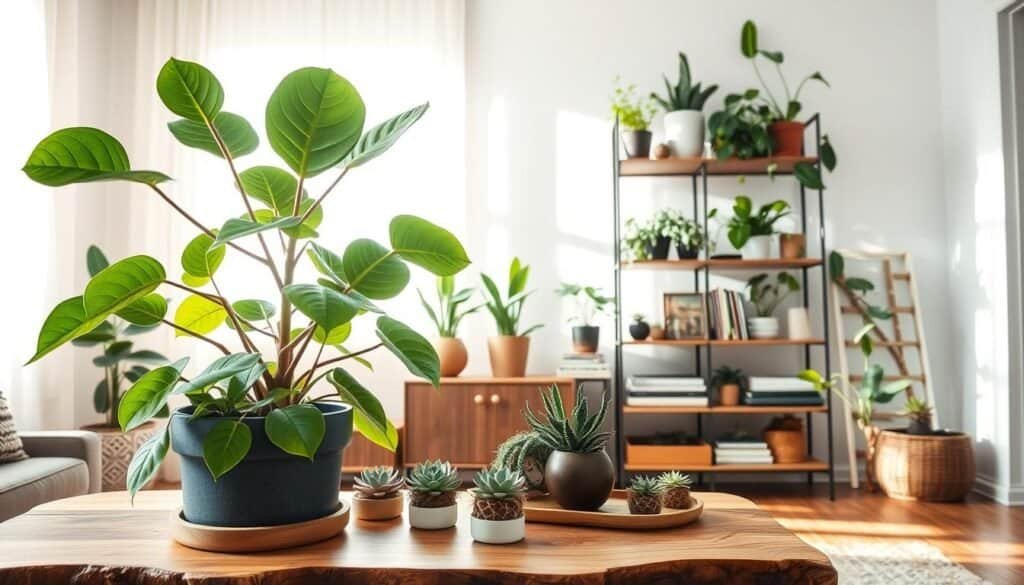 A cozy interior scene showcasing stylish indoor plant decor, focusing on a vibrant potted fiddle leaf fig tree in the foreground. Surround it with smaller succulent arrangements on a handcrafted wooden coffee table adorned with natural textures. In the middle ground, include a stylishly decorated shelf filled with an array of indoor plants, like snake plants and pothos, harmoniously placed among books and decorative items. The background features a sunlit window with sheer curtains, allowing soft, natural light to fill the room, casting gentle shadows that enhance the atmosphere. The overall mood is calm and inviting, emphasizing a sense of balance and tranquility in home décor, ideal for enhancing the ambiance of any living space.