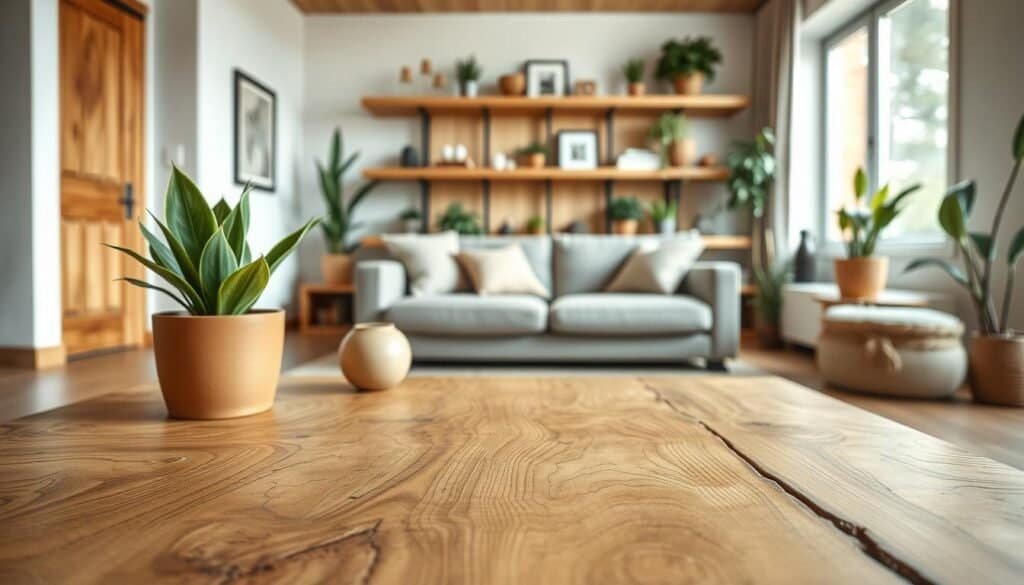 A cozy interior space featuring detailed wood accents. In the foreground, a sleek wooden coffee table with intricate grain patterns and a minimalistic potted plant, adding a splash of vibrant green. The middle ground showcases a stylish sofa with muted textiles, complemented by wooden shelving adorned with decorative items and more plants, bringing warmth to the scene. In the background, a large window allows natural light to flood the room, creating a soft, inviting atmosphere. The room has a modern yet rustic vibe, with warm tones and textures, emphasizing simplicity and elegance. The image should capture the essence of a refreshed interior, highlighting the impact of natural materials and plants in home décor.