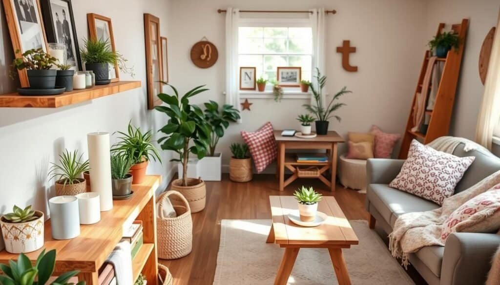 A cozy, inviting DIY home decor setting showcasing a variety of budget-friendly projects. In the foreground, a beautifully crafted wooden shelf adorned with potted plants, handmade candles, and framed photos. The middle ground features a charming seating area with a DIY upcycled table and colorful cushions. The background includes a softly lit room with neutral wall tones and cozy throw blankets, giving a warm atmosphere. Natural light filters through a window, casting gentle shadows and highlighting textures. Use a slightly elevated angle to capture the full scene, focusing on the inviting and creative vibe of the space, inspiring viewers to explore their own DIY endeavors.