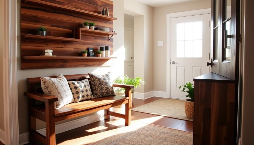 A cozy, inviting entryway featuring a stylish DIY wood accent project. In the foreground, a beautifully crafted wooden bench, made from rich walnut, adorned with decorative throw pillows, provides a welcoming seating area. The middle ground showcases a rustic wooden accent wall with various wooden shelves displaying small potted plants and minimalistic decor. Natural light streams in through a nearby window, casting soft shadows and highlighting the warm tones of the wood. The background features a hint of a door slightly ajar, inviting you into the home. The atmosphere is warm and inviting, suggesting a sense of comfort and creativity in home décor.