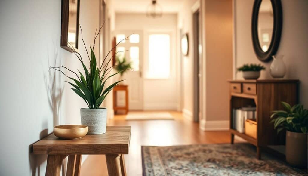 A cozy, inviting entryway featuring a stylish small wood accent table. In the foreground, the table is adorned with a potted plant and a decorative bowl, emphasizing warmth and natural texture. In the middle, a softly lit hallway with light walls and a glimpse of wooden flooring creates a welcoming atmosphere, enhanced by warm, diffused lighting from a nearby window. The background includes a tasteful mirror and a soft rug that adds a touch of comfort, reflecting gentle shadows that enhance the depth of the scene. The overall mood is serene and inviting, evoking a sense of home and comfort, inviting one to step inside. The composition is balanced and harmonious, with a focus on the textures and colors of the wood and decor.