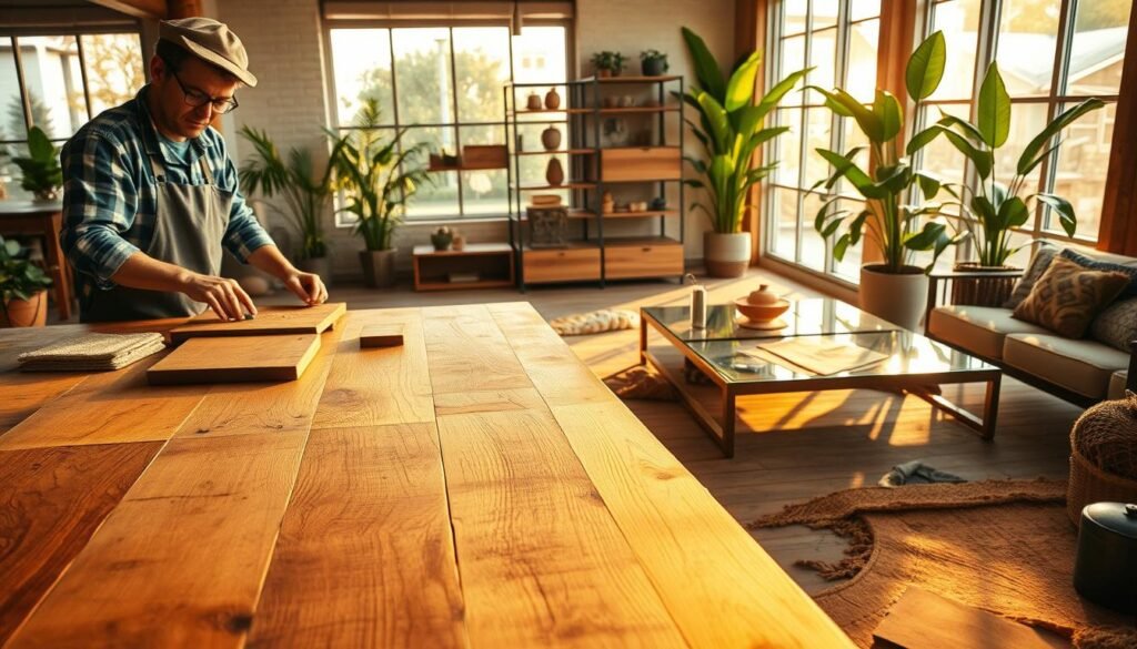 A cozy, inviting interior scene showcasing a wooden surface being mixed with various materials for a balanced aesthetic. In the foreground, a craftsman in casual attire is skillfully combining pieces of smooth, polished wood with textured fabrics, such as soft upholstery and natural fibers. The middle ground features an elegant arrangement of wood accents—like shelves and a coffee table—integrated with metallic and glass elements that reflect warm light. In the background, large windows let in soft, golden sunlight, casting gentle shadows, and the room is adorned with green plants to add a touch of nature. The overall mood is warm and harmonious, emphasizing the beauty of blending wood with other materials to create an inviting atmosphere.