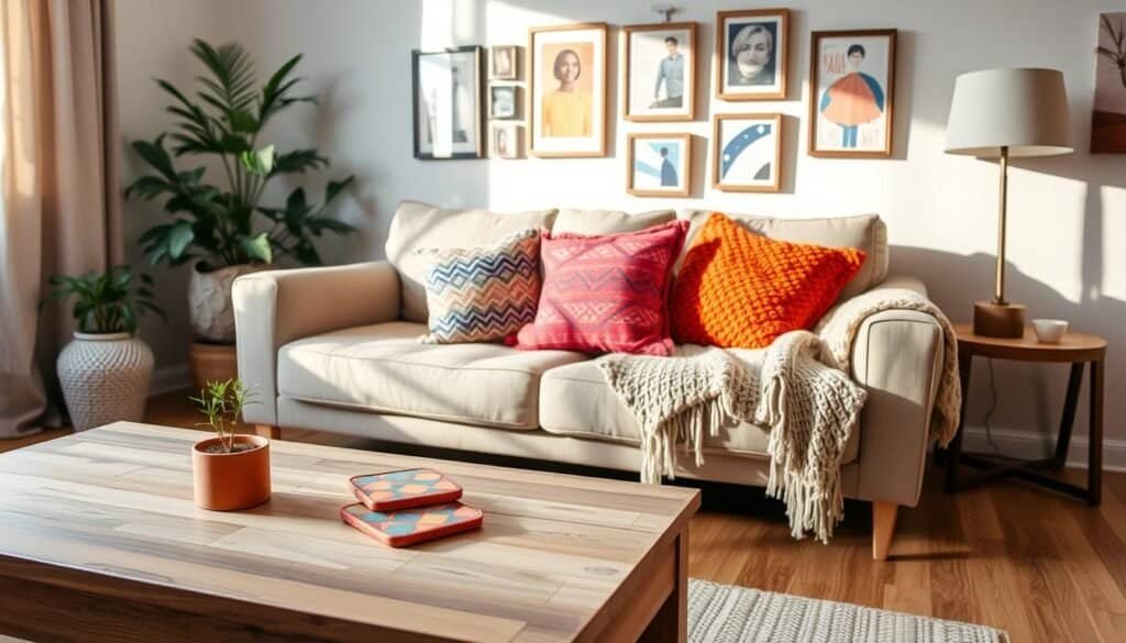 A cozy, inviting living room featuring budget-friendly decor. In the foreground, a simple wooden coffee table displays a small potted plant and a couple of colorful coasters. The middle ground includes a plush, neutral-toned sofa adorned with vibrant throw pillows and a knitted blanket, creating a warm atmosphere. In the background, a tastefully arranged wall with framed art created from inexpensive materials, like prints or DIY crafts, adds character. Soft, natural lighting filters in through a nearby window, casting gentle shadows and highlighting the textures of the decor. The overall mood is uplifting and inspiring, showcasing how simple updates can enhance a space without breaking the bank.