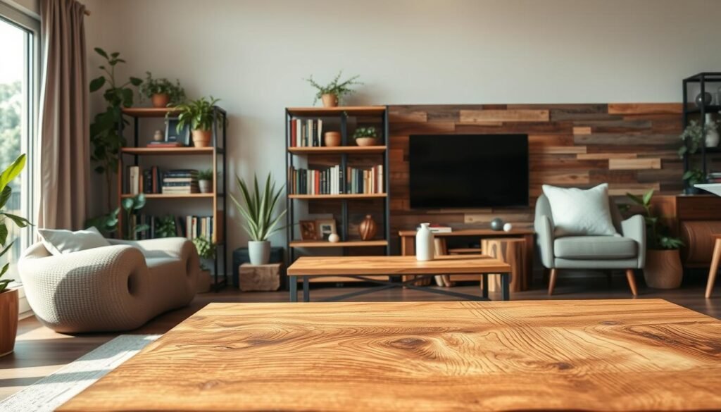 A cozy, inviting living room featuring various reclaimed wood projects that showcase sustainable charm. In the foreground, a rustic coffee table made from aged barn wood with unique grain patterns. A handmade bookshelf takes up part of the middle ground, stocked with lush green plants and vintage books. Soft natural light filters in from a window, casting warm shadows and enhancing the wood's textures. In the background, a stylish accent wall made of reclaimed wood planks adds warmth and character, contrasting with modern décor elements. The overall atmosphere is relaxed and homely, evoking a sense of sustainability and elegance. Shot with a 50mm lens to capture the details and depth, the image invites viewers to imagine these projects in their own spaces.