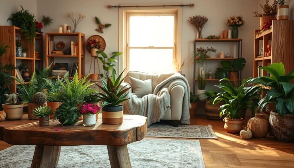 A cozy, inviting living room, showcasing seasonal decor that beautifully blends plants with natural wood elements. In the foreground, a rustic wooden coffee table adorned with a variety of potted plants, including lush ferns and vibrant flowering species. In the middle, a comfortable armchair draped with a soft, knitted throw blanket, surrounded by wooden shelves filled with carefully arranged seasonal decorations like dried flowers and candles. The background features a softly lit window that allows warm, golden sunlight to filter in, casting gentle shadows on the wooden floor. The overall atmosphere is warm and inviting, evoking a sense of comfort and harmony with nature, perfect for refreshing plant-wood displays during seasonal changes.