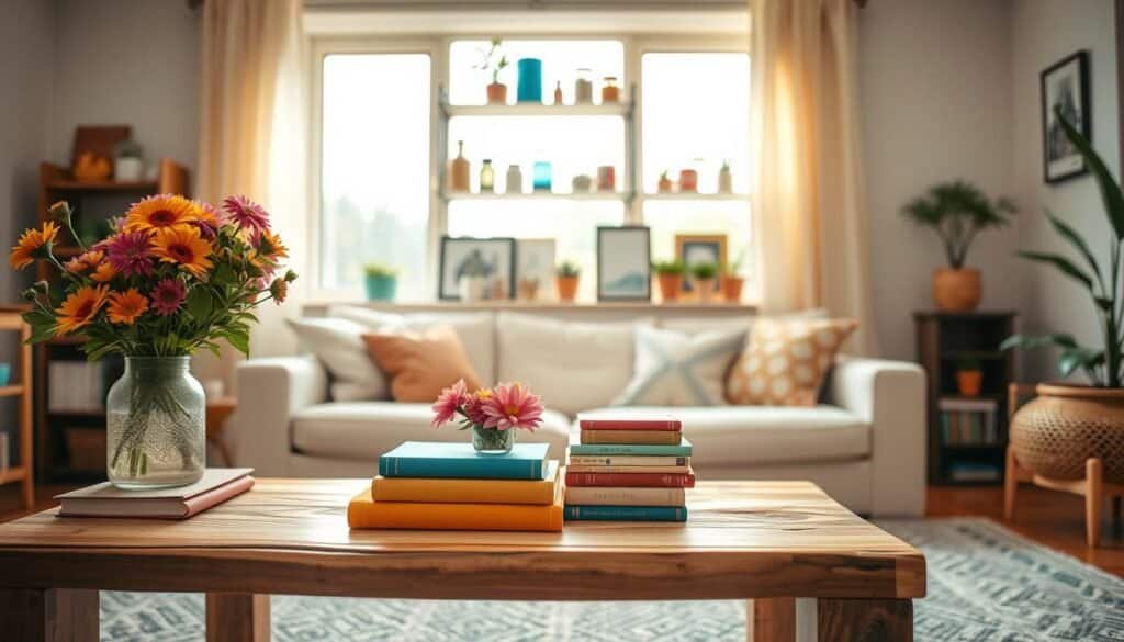 A cozy, inviting living room showcasing various DIY home decor projects. In the foreground, a handcrafted wooden coffee table adorned with a vase of vibrant flowers and a stack of colorful books. The middle section features a wall-mounted shelf with various handcrafted pieces like painted jars, picture frames, and small potted plants. In the background, warm sunlight filters through a large window, casting a soft glow across the room, highlighting the light-colored walls and inviting atmosphere. Use a shallow depth of field to focus on the decor items while gently blurring the background. The overall mood conveys creativity and warmth, encouraging viewers to embrace simple, transformative DIY projects in their own spaces.