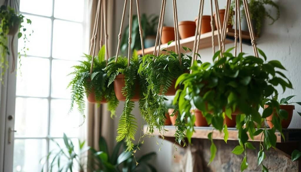 A cozy, inviting living space featuring a variety of hanging plants artfully displayed. In the foreground, macramé hangers cradle lush green ferns and trailing pothos, their leaves cascading elegantly. The middle ground shows a rustic wooden shelf adorned with terracotta pots, complementing the natural aesthetic. In the background, soft, diffused sunlight streams through a large window, casting gentle shadows and creating a serene atmosphere. A touch of greenery peeks through the window, hinting at an outdoor garden. The composition captures a harmonious blend of nature and home décor, evoking a peaceful and refreshing vibe, perfect for uplifting any indoor environment. The focus is sharp, emphasizing the rich textures of the plants and materials, while maintaining a warm, inviting color palette.