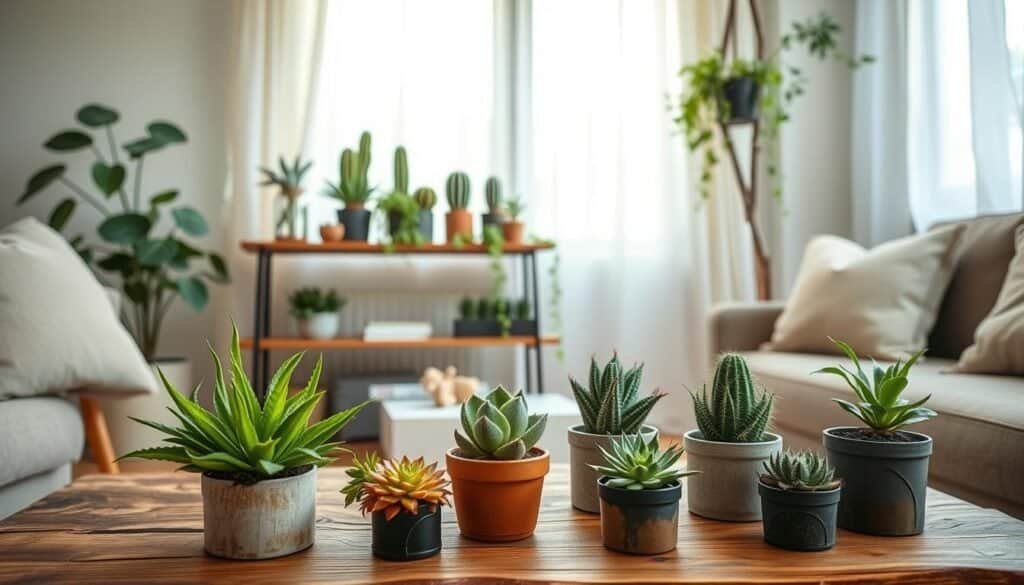 A cozy, inviting living space featuring budget-friendly plant decor. In the foreground, a rustic wooden coffee table adorned with potted succulents and a small fern, their vibrant greens contrasting with the natural wood grain. In the middle ground, a stylish, minimalist shelf showcasing a variety of small cacti and trailing ivy in repurposed jars. The background includes a well-lit window draped with light, airy curtains, allowing soft, natural light to illuminate the scene, creating a warm and welcoming atmosphere. The lens captures the image from a slightly elevated angle to emphasize the arrangement of plants and the rich textures of the materials. Overall, the mood is serene and refreshing, ideal for bringing nature indoors on a budget.