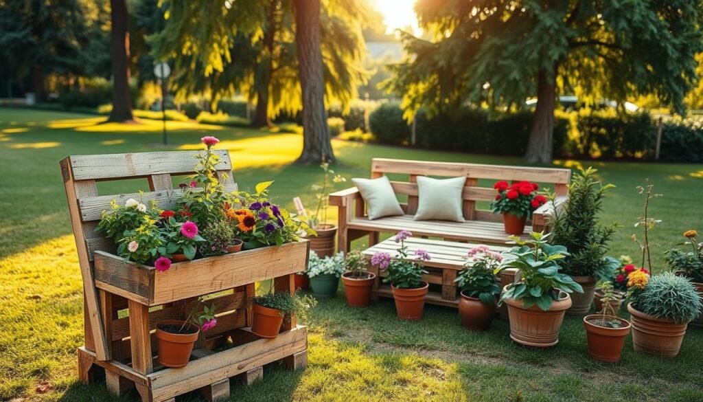 A cozy, inviting outdoor scene featuring various pallet garden projects. In the foreground, showcase a beautifully arranged wooden pallet used as a vertical planter, brimming with colorful flowers and herbs. The middle ground includes an elegant wooden bench made from upcycled pallets, adorned with soft cushions. Surrounding the bench, vibrant potted plants enhance the garden's beauty. In the background, a lush green lawn and tall trees provide a natural, peaceful atmosphere, bathed in warm, golden sunlight. The angle captures the scene from a low perspective, inviting the viewer’s eye to explore the creative upcycling projects while immersed in a serene environment. Aim for a soft-focus effect on the background to create depth and emphasize the inviting features of the garden.