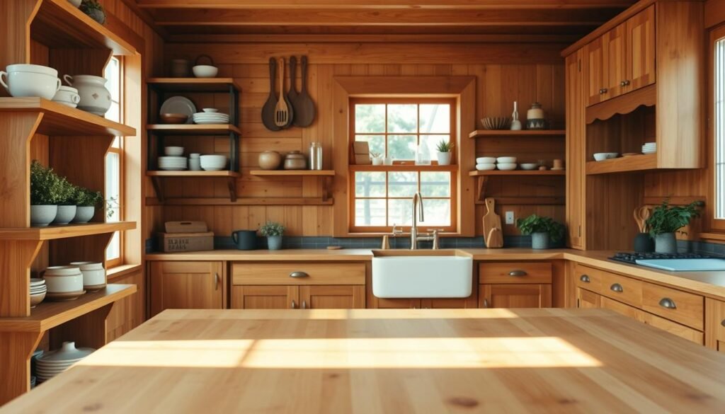 A cozy, inviting wooden kitchen featuring open shelving adorned with carefully arranged kitchenware and rustic decor. In the foreground, focus on the rich, warm tones of the wooden shelves displaying handcrafted pottery, herbs in small pots, and wooden utensils. The middle ground showcases a beautifully designed kitchen island with a smooth wooden countertop, complementing the shelving. Soft, natural light floods the space from a nearby window, casting gentle shadows and enhancing the textures of the wood. The background features a classic farmhouse sink and cabinets, all in complementary wood finishes. The atmosphere feels warm and welcoming, perfect for family gatherings and culinary creativity.