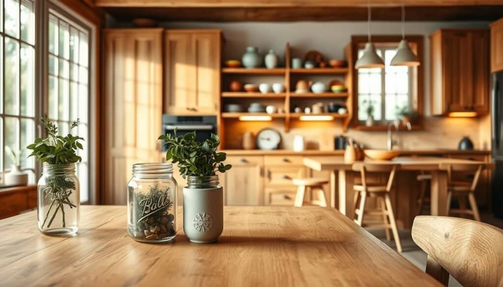 A cozy kitchen featuring a blend of rustic and modern wooden elements. In the foreground, a warm wooden dining table adorned with charming kitchen accessories like mason jars filled with herbs and handmade pottery. The middle section showcases cabinets with warm oak finishes, open shelving displaying colorful dishes and glassware, and a wooden kitchen island with bar stools. In the background, large windows bathe the space in soft, natural light, enhancing the wooden textures. The atmosphere is inviting and serene, evoking a sense of comfort and simplicity. Use warm lighting to highlight the grain of the wood and create a homey ambiance, with a focus on depth of field to softly blur the background elements, emphasizing the cozy kitchen setup.