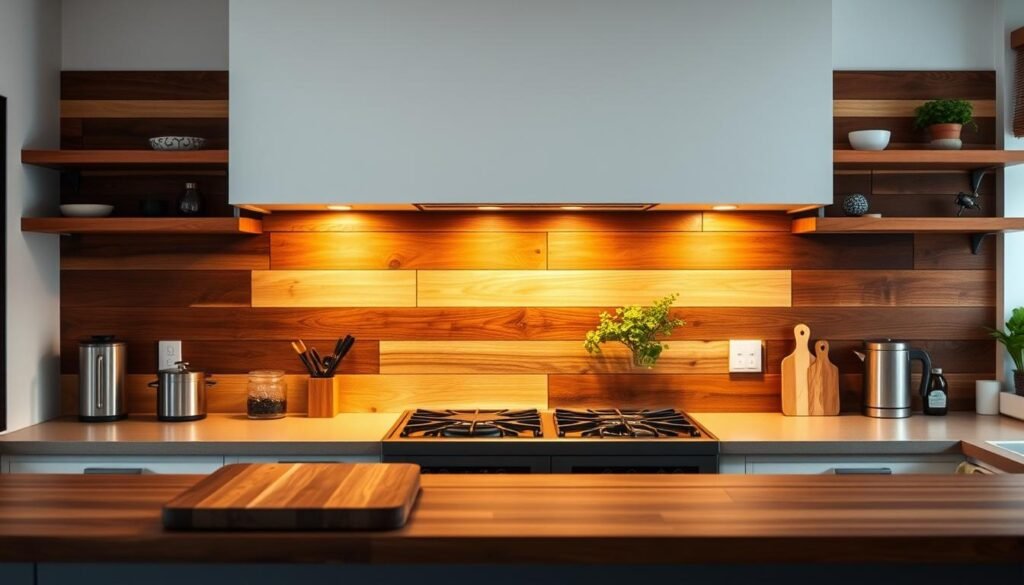 A cozy kitchen featuring a wooden backsplash as a bold accent wall, showcasing various types of wood textures such as reclaimed barn wood, smooth walnut, and vibrant cedar in a harmonious arrangement. In the foreground, include a well-designed kitchen countertop with modern appliances and a rustic wood cutting board. The middle ground highlights the stunning wooden backsplash illuminated by soft, warm lighting, enhancing the inviting atmosphere. In the background, a hint of greenery from potted herbs on the windowsill adds freshness. Capture the scene with a slightly elevated angle to emphasize the craftsmanship of the backsplash while creating a homey, welcoming mood. Ensure realistic colors and natural lighting reflect the warmth of wood in home décor, free of any text or overlays.