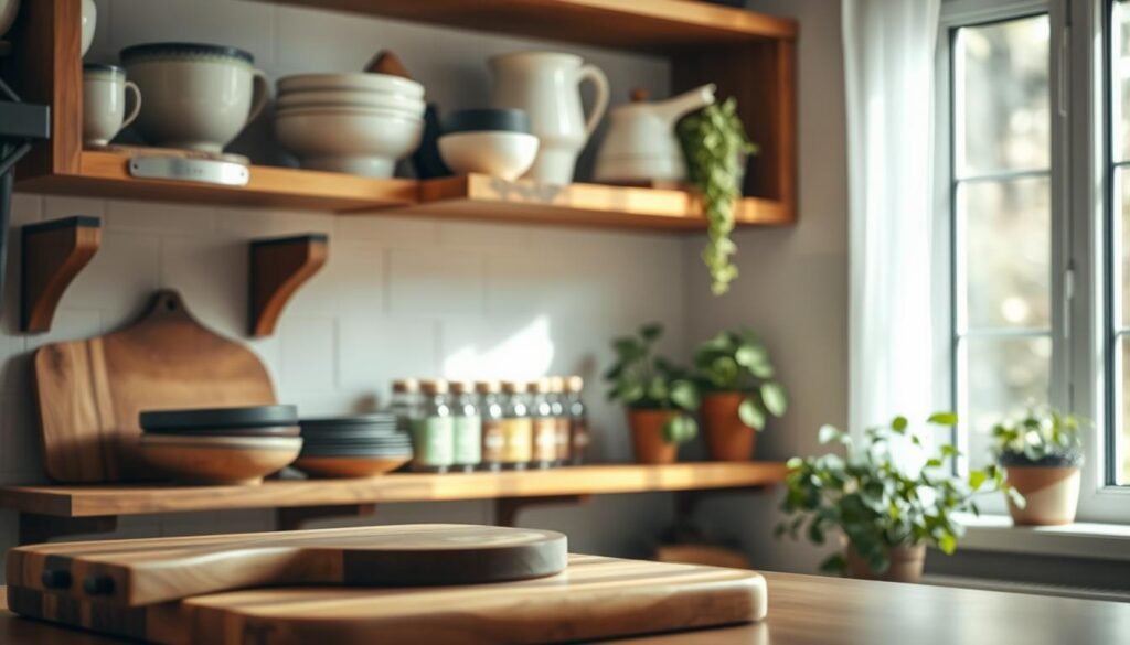 A cozy kitchen featuring open wood shelving, displaying an array of artisanal kitchenware and plants. The shelves should be crafted from warm, natural wood, showcasing beautiful grain patterns. In the foreground, focus on a wooden cutting board and a set of rustic ceramic bowls. The middle ground includes neatly arranged spice jars and a potted herb. In the background, soft, diffused natural light pours in through a nearby window, casting gentle shadows and creating a serene atmosphere. The color palette should include warm neutral tones, accentuated by green from the plants. The scene is inviting and inspires a sense of calm, perfect for starting the day.