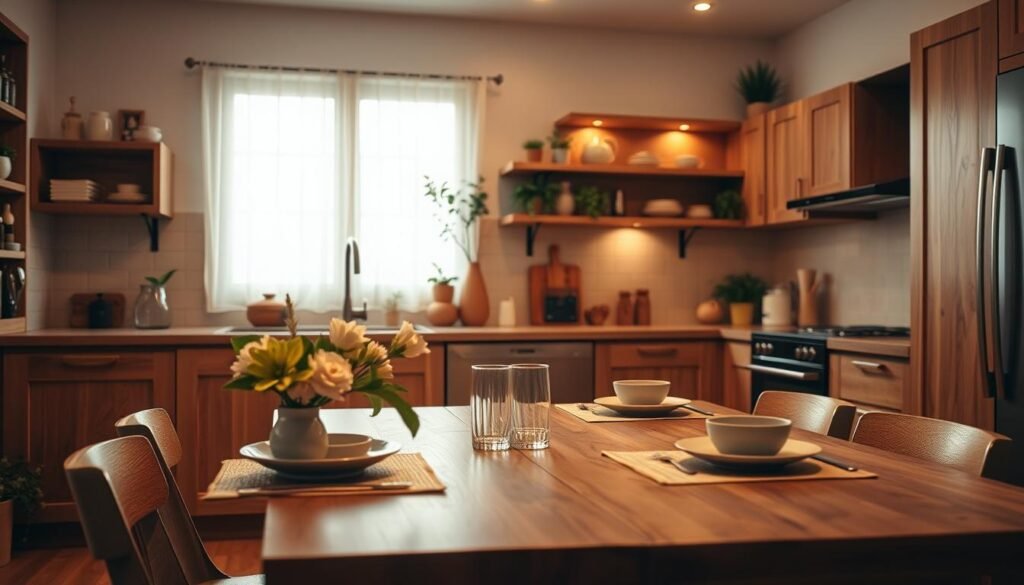 A cozy kitchen featuring warm wood accents, emphasizing a rustic yet modern aesthetic. In the foreground, a beautifully crafted wooden dining table is set for a meal, adorned with fresh flowers and simple tableware. The middle layer showcases sleek wooden cabinetry and open shelving, displaying charming dishware and a few green plants for a touch of life. The background features a softly illuminated window with sheer curtains, allowing natural light to filter in, enhancing the warm tones of the wood. The atmosphere conveys comfort and inviting warmth, emphasizing a space that feels lived-in and homey. The lighting is soft and warm, mimicking the golden hour, captured with a wide-angle lens to create a spacious yet intimate feel. Realistic home décor and woodworking details add to the overall charm of the scene.