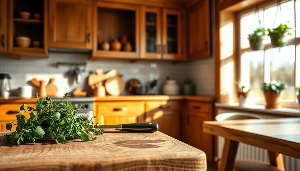A cozy kitchen interior featuring warm wood elements, including oak cabinets, a rustic wooden dining table, and beautifully crafted open shelves displaying wooden kitchenware. In the foreground, a close-up of a textured wood cutting board adorned with fresh herbs and a knife. The middle ground showcases the rich grain of the wood cabinetry, bathed in soft, golden natural light coming from a nearby window, creating inviting shadows. The background reveals potted plants on the windowsill and subtle tile backsplashes that complement the warm tones of the wood. The overall atmosphere is inviting, creating a sense of warmth and comfort, perfect for a homely kitchen environment.