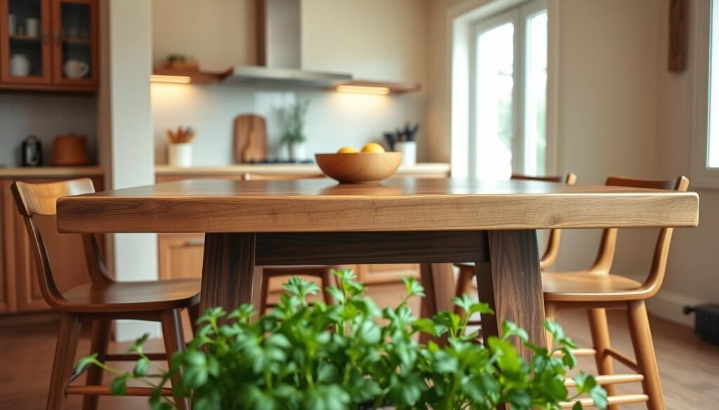 A cozy kitchen scene featuring a beautifully crafted wooden kitchen table as the centerpiece. The table is made from rich walnut with a smooth finish, showcasing natural wood grain patterns. Surrounding the table are elegant wooden stools that complement the table's design. In the background, soft ambient lighting filters through a window, casting a warm glow across the space. The walls are painted in soft beige tones, adding to the inviting atmosphere. Fresh potted herbs in the foreground and a wooden fruit bowl on the table enhance the homey vibe. The angle captures the table from a slight elevation, emphasizing its beauty while maintaining a sense of warmth and comfort in the kitchen setting. No text or overlays are present, ensuring a clean and focused image.