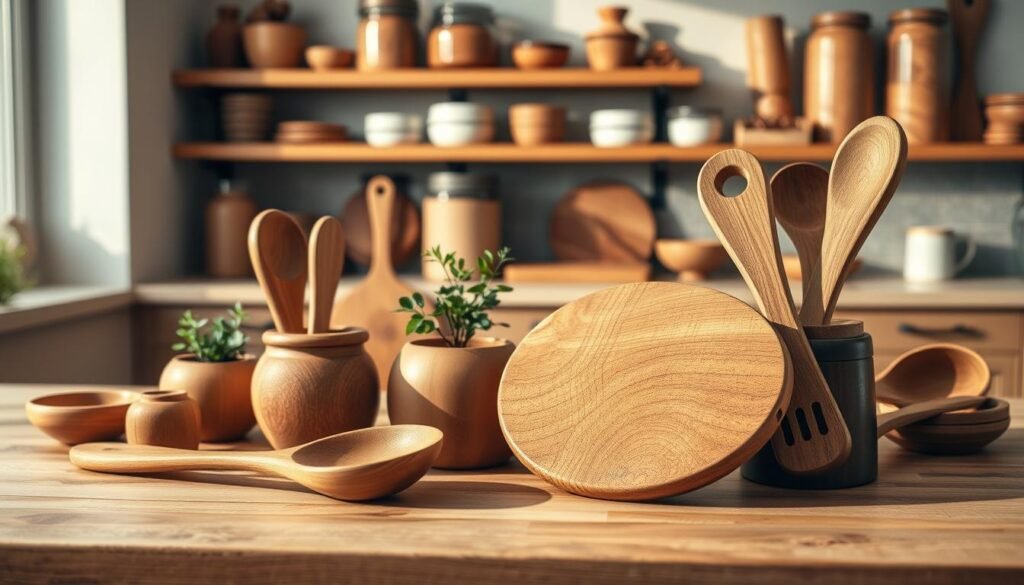 A cozy kitchen scene featuring a collection of beautifully crafted wooden kitchen accessories and utensils. In the foreground, display an array of items such as a hand-carved wooden spoon, a rustic cutting board, and a set of intricately designed wooden utensils, all showcasing fine grain details and warm tones. The middle ground presents a wooden countertop that complements the accessories, adorned with a small potted herb for a touch of greenery. In the background, softly blurred shelves lined with wooden storage jars and neutral kitchen decor emphasize a welcoming ambiance. The lighting is warm and inviting, casting gentle shadows that enhance the textures of the wood. Convey a homely atmosphere that suggests a nurturing environment.