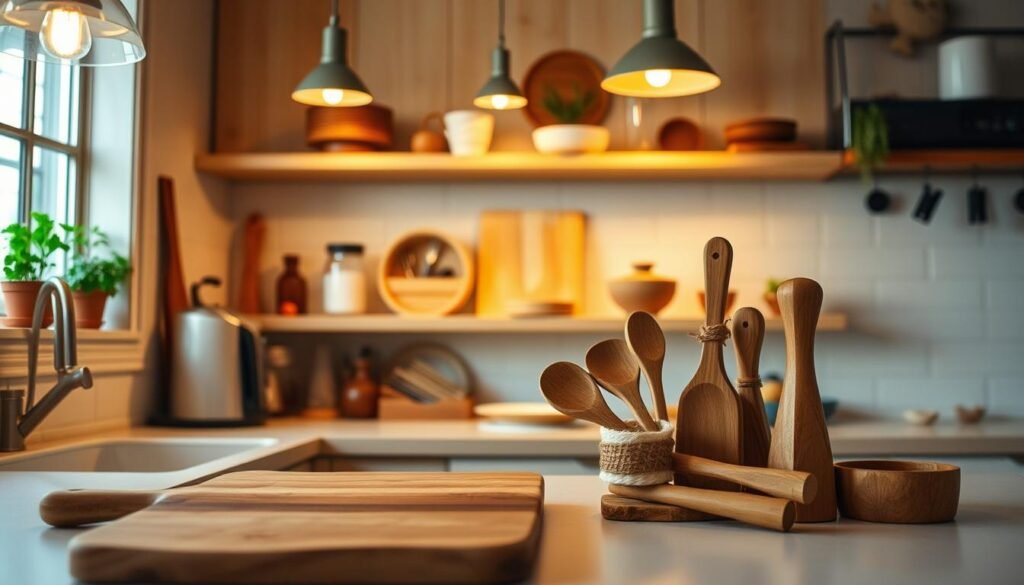 A cozy kitchen scene featuring a variety of DIY wooden projects. In the foreground, a rustic wooden cutting board and a set of hand-carved wooden utensils gracefully arranged on a countertop. In the middle ground, a well-lit wooden shelf displaying finished projects like a spice rack, a simple wooden bowl, and a small plant holder. The background shows warm, soft kitchen lighting with hanging pendant lights casting a gentle glow over the space. Light wood cabinets and a hint of greenery from potted herbs on the windowsill add freshness. The mood feels inviting and creative, perfect for inspiring quick and functional kitchen woodworking projects. No people are present, focusing solely on the crafted items.