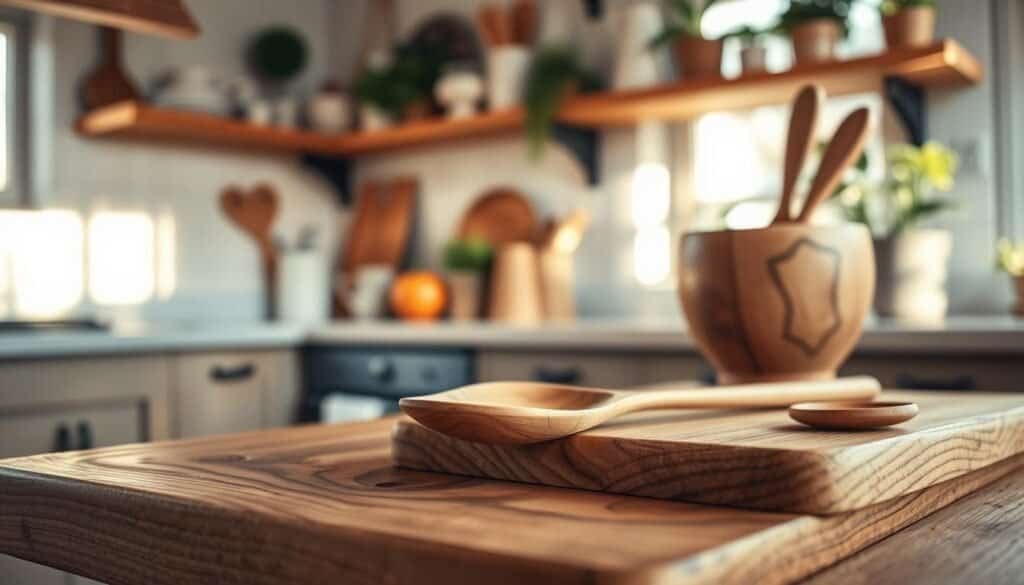 A cozy kitchen scene featuring an array of beautifully crafted wooden kitchen accessories, including a rustic cutting board, elegant serving spoons, and a wooden bowl filled with fresh fruit. In the foreground, focus on the rich textures of the wood, showcasing intricate grain patterns. The middle ground features a warm, inviting kitchen setting with a wooden countertop and soft, natural light streaming in from a nearby window, highlighting the warmth of the wood. In the background, blurred shelves filled with ceramic dishes and kitchen plants create a homey atmosphere. The mood is serene and heartwarming, evoking a sense of comfort and nostalgia. The scene is captured with a soft focus lens, emphasizing the beauty of the wooden details.