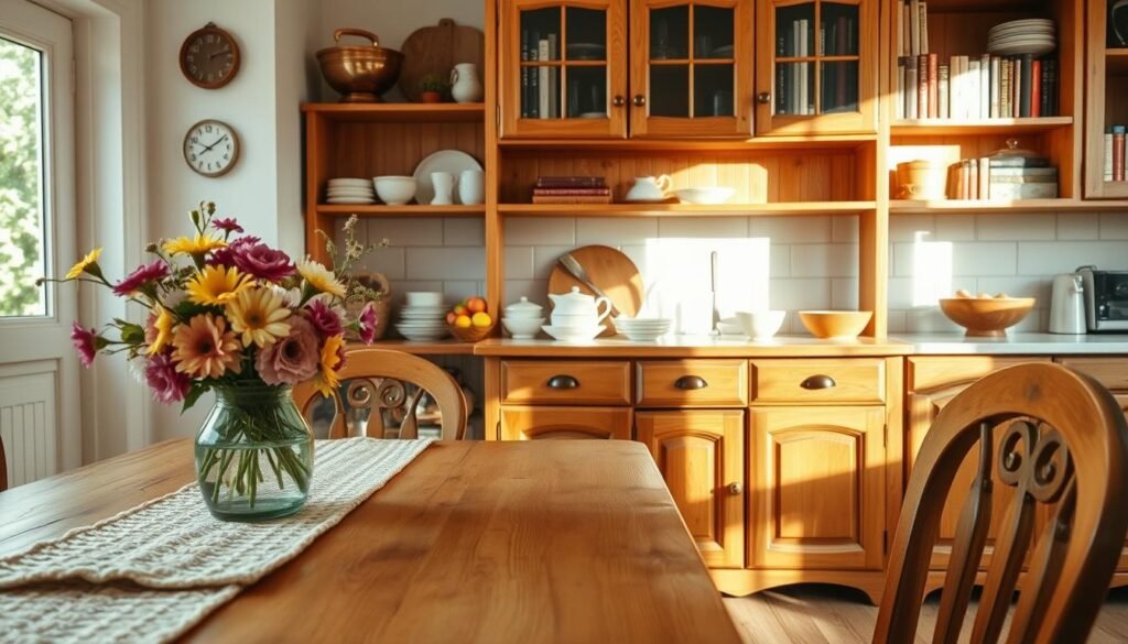 A cozy kitchen scene featuring warm wooden decor elements. In the foreground, a rustic wooden dining table adorned with a soft, knitted table runner, and a vase of fresh flowers. In the middle ground, a vintage wooden sideboard displaying carefully arranged ceramic dishware, with a set of shining utensils beside it. A bowl of ripe fruits adds a touch of color. The background shows warm, ambient lighting casting a soft glow on the wooden cabinets and shelves lined with cookbooks and charming kitchen accessories. The atmosphere is inviting and homey, conveying a sense of comfort and care in maintaining these wooden pieces. Use natural light to highlight the textures of the wood, capturing the essence of a cozy dining space. Aim for a slightly wide-angle view to encompass the entire scene.