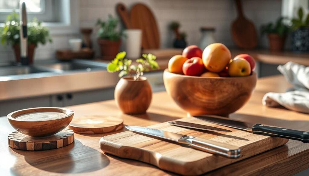 A cozy kitchen scene focusing on beautifully crafted wooden countertop accessories. In the foreground, a handcrafted wooden fruit bowl filled with fresh, colorful fruits sits next to a set of elegant wooden coasters. The middle layer features a wooden cutting board with subtle grains, paired with a sharp, gleaming knife. Soft morning light filters through a nearby window, casting gentle shadows and highlighting the warm tones of the wood. The background includes a softly blurred view of a kitchen with rustic, natural elements like potted herbs and soft textiles. The atmosphere is inviting and tranquil, perfect for a serene morning routine.