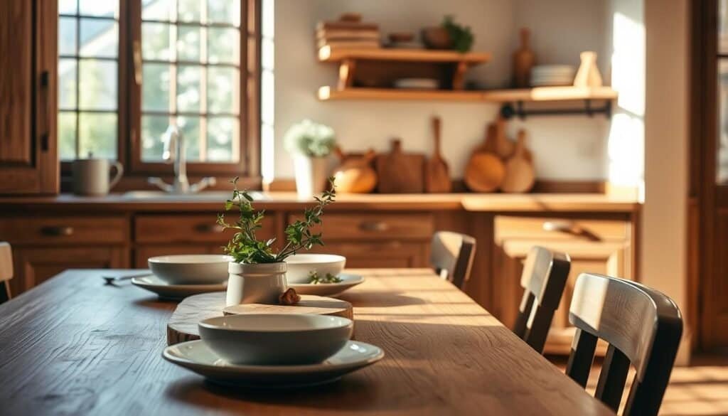 A cozy kitchen scene focusing on elegant wooden accents. In the foreground, a polished oak dining table set with simple ceramic dishware and a wooden centerpiece featuring fresh herbs. The middle ground showcases rustic wooden cabinetry adorned with stylish handles, and an open shelf displaying neatly arranged wooden kitchen tools. Soft, natural light filters through a window, casting gentle shadows and highlighting the rich textures of the wood. The background features a warm color palette with earthy tones, creating an inviting atmosphere that conveys comfort and balance. A subtle hint of greenery outside the window adds a refreshing touch, enhancing the serene mood of the space.
