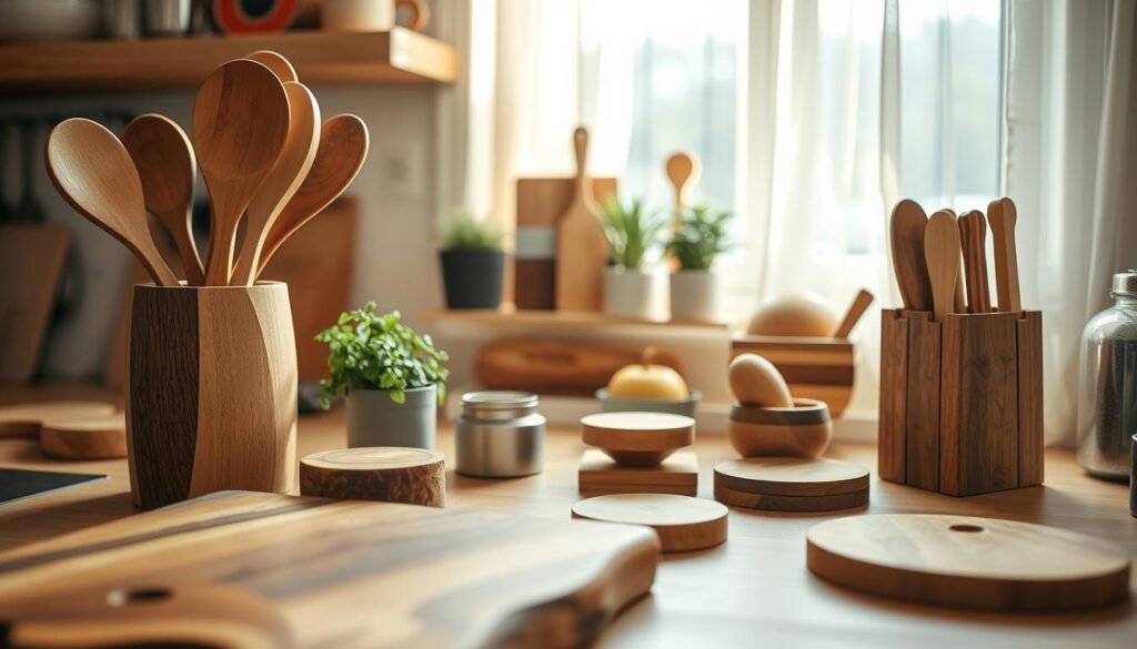 A cozy kitchen scene showcasing a variety of DIY wooden kitchen projects. In the foreground, there’s a rustic wooden cutting board, a handcrafted utensil holder filled with wooden spoons, and a couple of stylish wooden coasters. The middle of the image features a small wooden shelf adorned with potted herbs, and a carefully arranged display of homemade wooden kitchen accessories, like a fruit bowl and knife block. The background includes a well-lit window with sheer curtains allowing natural light to flood the space, highlighting the warm wood tones. The atmosphere feels inviting and homey, suggesting creativity and craftsmanship, with soft shadows adding depth. The scene is shot with a shallow depth of field, focusing on the wooden projects while softly blurring the surrounding kitchen elements. Ideal lighting brings out the rich textures of the wood.