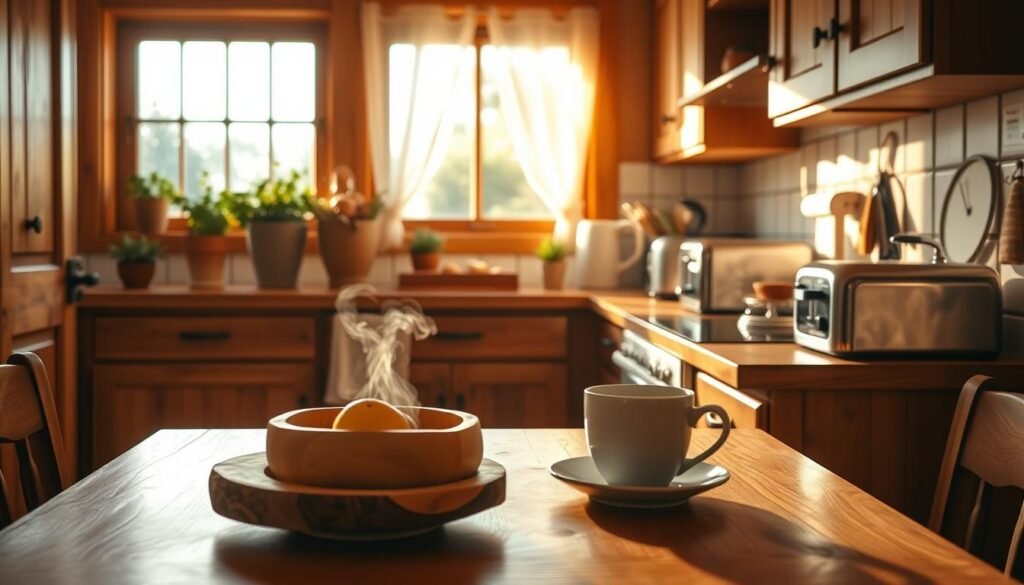 A cozy kitchen with rustic wood accents, showcasing warm wooden cabinets and a farmhouse-style table set for breakfast. In the foreground, softly lit natural wood details, like a carved fruit bowl and a steaming cup of coffee on the table. The middle ground features a well-organized countertop with potted herbs, a vintage toaster, and a charming window revealing gentle morning sunlight filtering through sheer curtains. The background includes a calming view of an outdoor garden, enhancing the inviting atmosphere. The lighting is warm and soft, creating a peaceful and uplifting mood. The image captures the essence of a gentle morning ritual, focusing on simplicity and warmth without any text or overlays.