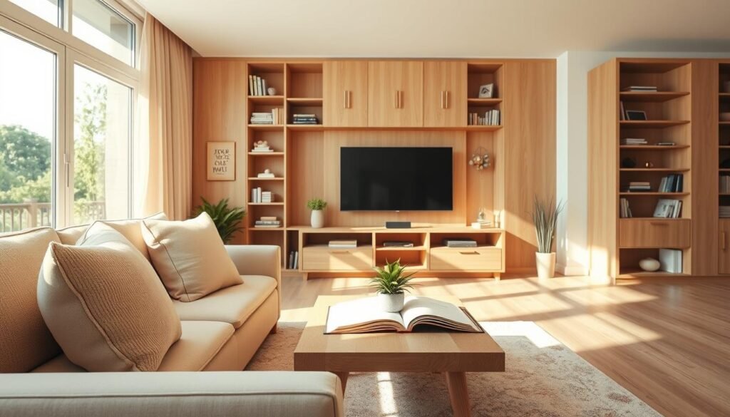 A cozy light wood living room, featuring a soft beige sofa adorned with plush cushions, positioned prominently in the foreground. A modern coffee table, crafted from light oak, displays a small potted plant and an open book. The middle of the room showcases a stylish light wood entertainment unit, elegantly mounted on the wall. Light streams through large, floor-to-ceiling windows, casting warm, natural illumination that enhances the bright color palette. In the background, light wood bookshelves filled with neatly organized books and decor items create a sense of depth. The atmosphere is inviting and serene, evoking a sense of calm and natural beauty, ideal for showcasing wood elements in home decor. Focus with a slightly wide angle, capturing the entirety of the room while emphasizing light and texture.