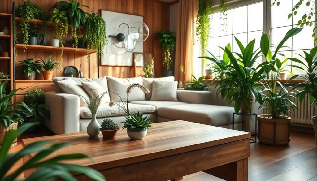 A cozy living room brimming with vibrant indoor plants, showcasing a harmonious blend of greenery and natural aesthetics. In the foreground, a stylish wooden coffee table adorned with a succulent arrangement and a delicate vase of fresh flowers. The middle ground features a plush, light-colored sofa with soft cushions, surrounded by potted ferns and trailing ivy cascading from shelves. In the background, a large window allows bright, warm natural light to flood the space, illuminating the rich textures of the hardwood floor and the organic warmth of the wooden decor. The atmosphere is peaceful and inviting, evoking a sense of balance and tranquility, perfect for a lifestyle-oriented home environment.