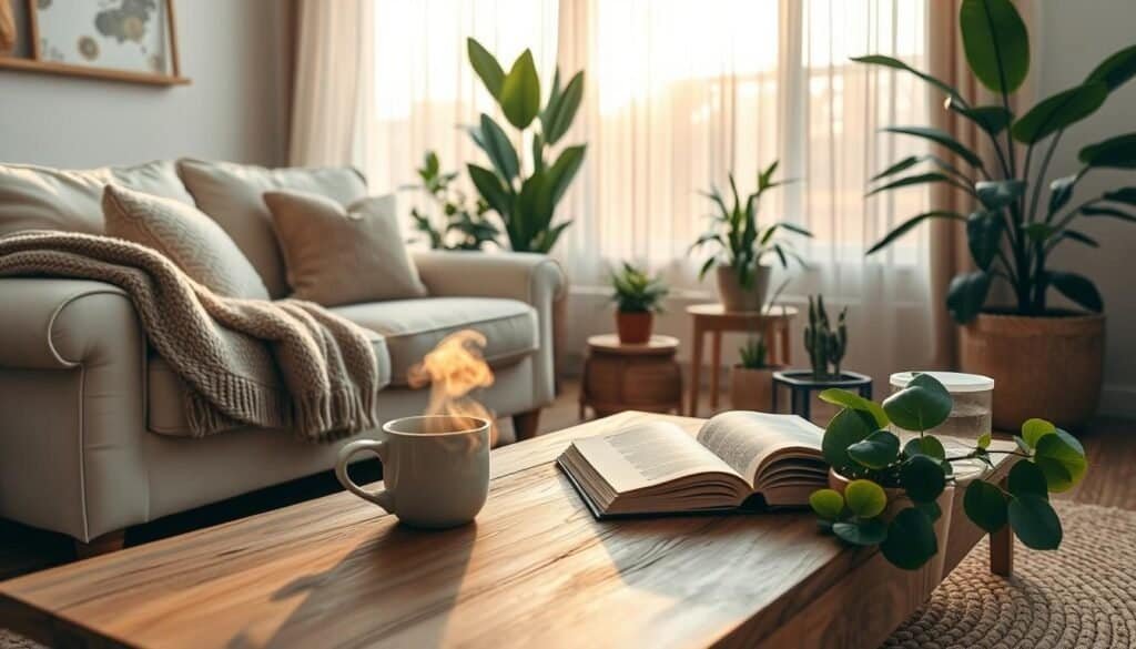 A cozy living room design featuring a plush, cream-colored sofa adorned with soft, textured pillows. Include a warm, knitted throw draped across the armrest. In the foreground, a rustic wooden coffee table is topped with a steaming mug of tea and an open book, inviting relaxation. In the middle, a soft woven rug spans the floor, while potted green plants add life and color. The background showcases a large window with sheer curtains, allowing soft, golden sunlight to filter in, casting a warm glow across the space. Warm, neutral tones dominate the décor, creating a welcoming atmosphere. The scene is captured from a slightly elevated angle, emphasizing depth and comfort. The overall mood is serene and inviting, perfect for unwinding after a long day.