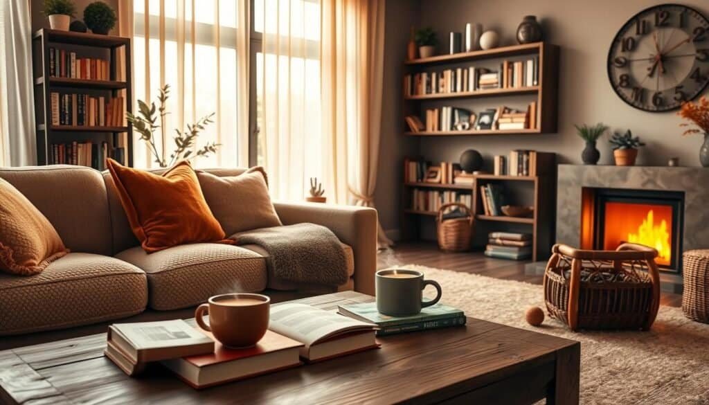 A cozy living room design featuring a soft, plush sofa adorned with warm-toned throw pillows, situated on a textured area rug. In the foreground, a rustic coffee table holds a steaming mug of cocoa, surrounded by a few cozy books. The middle ground showcases a stylish bookshelf filled with neatly arranged books and a few decorative plants. A warm, inviting fireplace is present, casting gentle light across the room. The background reveals large windows draped with sheer curtains, allowing natural light to filter in, enhancing the comforting atmosphere. The lighting is soft and golden, evoking a sense of warmth and tranquility. The overall mood is inviting, perfect for relaxation and togetherness, with a focus on natural materials and earthy colors.