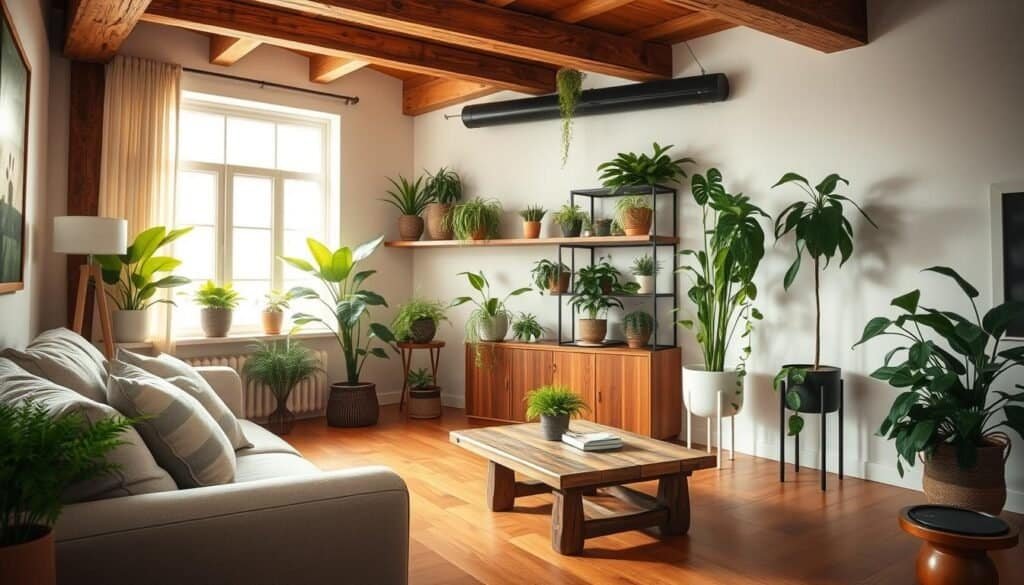 A cozy living room design featuring an inviting mix of lush greenery and warm wooden accents. In the foreground, a plush, neutral-toned sofa adorned with soft cushions sits next to a rustic wooden coffee table with a small potted fern. In the middle, vibrant houseplants, like a tall fiddle leaf fig and a cascading pothos, are artfully arranged on shelves and in stylish planters. The background showcases a large window allowing soft, natural sunlight to filter in, enhancing the warm wood tones of the hardwood floor and exposed wooden beams in the ceiling. Ambient lighting creates a serene atmosphere, perfect for relaxation. The image should evoke warmth and comfort, emphasizing a harmonious blend of nature and natural materials.