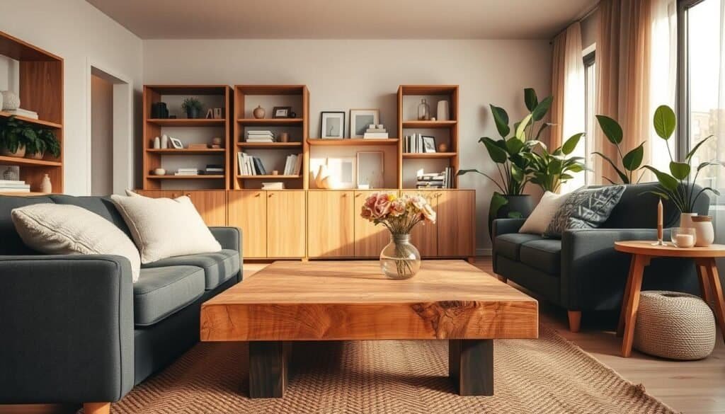 A cozy living room design featuring natural wood details, emphasizing warmth and comfort. In the foreground, a plush, dark gray sofa adorned with soft, textured throw pillows invites relaxation. A rustic, reclaimed wood coffee table sits in front, showcasing a minimalistic vase with fresh flowers. The middle ground reveals a stylish wooden bookshelf lined with carefully curated decor and books, while a warm, woven area rug adds a touch of homeliness. In the background, large windows with sheer curtains let in soft, golden light, enhancing the inviting atmosphere. The walls are painted in a calming neutral shade, and potted plants introduce a hint of greenery. The mood is serene and inviting, ideal for a relaxing space. No human subjects are present, ensuring a focus on the room's design elements.