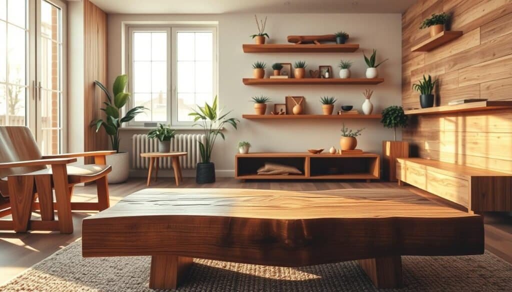 A cozy living room designed with wooden elements in a contemporary style. In the foreground, a rustic wooden coffee table with intricate grain patterns sits atop a soft, textured rug. To the left, a sleek wooden armchair with a natural finish complements a small side table crafted from reclaimed wood. In the middle, a large window allows warm sunlight to filter in, casting gentle shadows across the room. The walls are adorned with wooden shelves showcasing plants and decorative items made of wood. In the background, a light wood accent wall enhances the inviting atmosphere. The lighting is soft and warm, creating a serene and rejuvenating mood, evoking a sense of comfort and tranquility. Emphasize realistic textures and natural wood tones, avoiding any clutter or distractions.