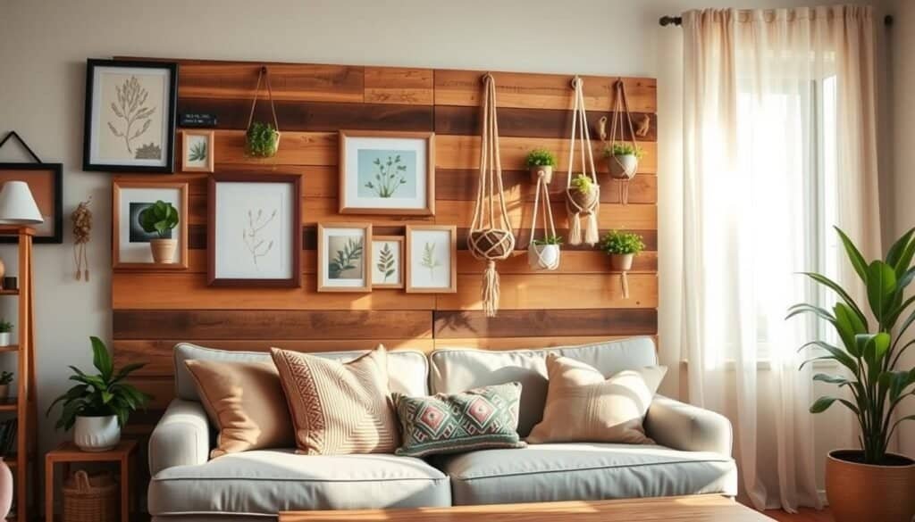 A cozy living room featuring DIY wall decor that enhances the space without breaking the bank. In the foreground, a wooden pallet accent wall adorned with a mix of handmade art pieces, including framed botanical prints and hangable macramé plant holders. In the middle, a comfortable sofa with colorful throw pillows sits against the creatively decorated wall, adding warmth to the atmosphere. The background showcases softly diffused natural light filtering through a window, casting gentle shadows and highlighting the textures of the decor. The entire scene conveys a warm, inviting mood, perfect for a budget-friendly home refresh. The lighting emphasizes the natural wood tones and the earthy color palette, creating a serene and stylish ambiance.