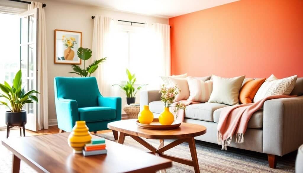 A cozy living room featuring a beautiful display of quick color updates. In the foreground, a stylish accent chair upholstered in vibrant teal sits next to a wooden coffee table adorned with colorful decorative items like a bright yellow vase and a patterned throw blanket. In the middle, a freshly painted feature wall in a warm, cheerful coral complements soft pastel pillows scattered across a neutral sofa. The background includes an open window letting in natural light, illuminating a green potted plant and sheer curtains that enhance the light, airy atmosphere. Use natural lighting to create a bright, inviting mood with a slight depth of field, focusing on the vibrant colors that uplift the space, showcasing the transformative effect of simple home decor.