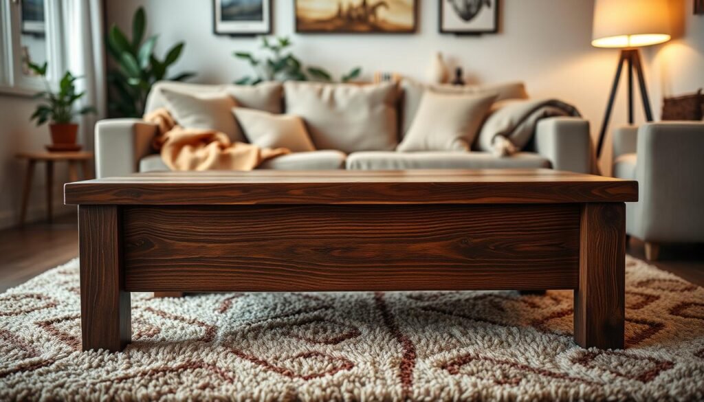 A cozy living room featuring a beautifully crafted wooden coffee table as the focal point. The table is made of rich, dark oak with a rustic finish, showcasing intricate grain patterns. In the foreground, a plush, textured area rug lays beneath the table, adorned with warm hues to enhance the inviting atmosphere. The middle section includes a soft, comfortable sofa with various cushions and a warm throw blanket draped casually over one side. In the background, there are potted plants and warm ambient lighting emanating from a stylish floor lamp, casting a gentle glow. The overall scene is captured with a warm, inviting atmosphere, using soft focus to create a serene, homey vibe, shot from a low angle to emphasize the coffee table.