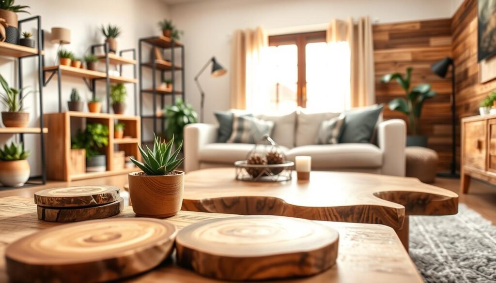 A cozy living room featuring a selection of DIY wood projects, such as a rustic wooden coffee table, handcrafted shelving units filled with plants, and a stylish wooden accent wall. In the foreground, a close-up of artisanal wooden coasters and a small potted plant adds warmth. The middle ground showcases a beautifully designed coffee table with a natural wood finish, adorned with a simple decorative centerpiece of succulents and candles. The background reveals a softly lit, inviting ambiance with warm sunlight streaming through large windows, highlighting the rich textures of the wood. A subtle, earthy color palette creates a serene atmosphere, inviting viewers to imagine the elegance and comfort of natural wood details in their own space.