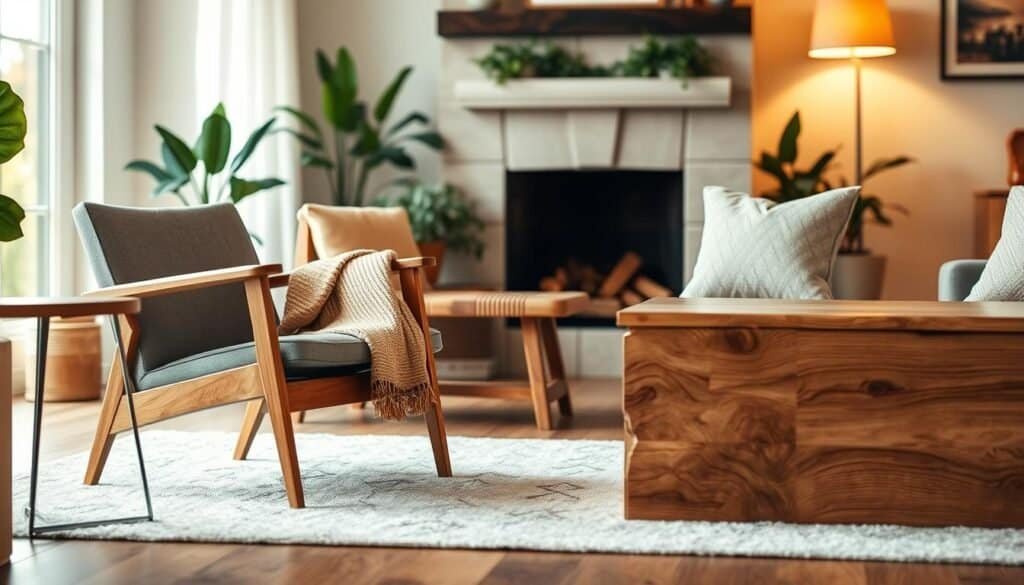 A cozy living room featuring a selection of statement wooden furniture, including a beautifully crafted accent chair with a sleek design, a rustic bench with a natural wood finish, and an elegant side table adorned with intricate grain patterns. The foreground showcases the accent chair invitingly placed beside the side table, with a warm, textured throw draped over it. In the middle, the rustic bench complements the overall aesthetic, surrounded by soft, ambient lighting that creates a serene atmosphere. The background includes a softly blurred view of a welcoming fireplace and houseplants, adding to the room's warmth. The scene captures a tranquil, inviting mood, perfect for relaxation and comfort. Soft golden hour lighting enhances the richness of the wood tones, presented from a slightly elevated angle for depth.