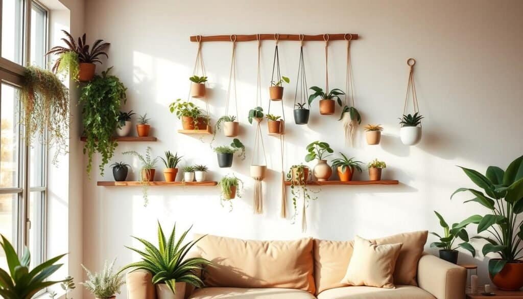 A cozy living room featuring a stunning plant wall display, illuminated by soft, natural sunlight streaming through a large window. In the foreground, a variety of potted plants, including ferns, succulents, and climbing vines, artfully arranged on floating shelves of reclaimed wood. The middle of the image showcases a textured light-colored wall adorned with a mix of macramé hangers and ceramic planters, creating a harmonious blend of greenery and artful design. In the background, a minimalist sofa with earthy tones offers a warm and inviting atmosphere. The composition conveys a sense of calm and tranquility, ideal for a grounded corner. The scene is bright and airy, evoking a serene ambiance perfect for relaxation.