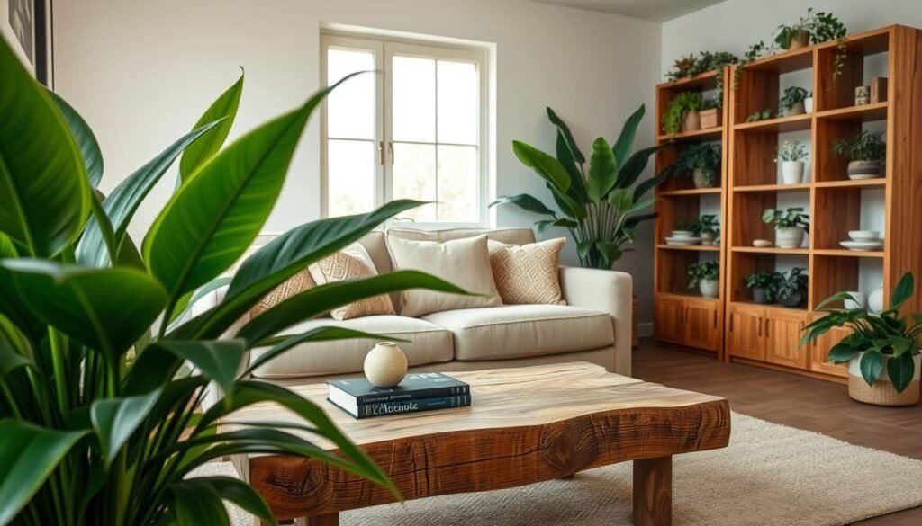 A cozy living room featuring a stylish refresh with plants and wooden details. In the foreground, a large, vibrant potted plant adds life to the space, while a rustic wooden coffee table displays a decorative book and a small, modern vase. In the middle ground, a comfortable sofa adorned with textured cushions sits against a softly painted wall, providing warmth. To the right, a wooden shelving unit exhibits carefully arranged greenery and decorative objects. The background features a large window allowing soft, natural light to fill the room, enhancing the inviting atmosphere. The overall mood is calm and rejuvenating, with a color palette of earthy tones and subtle greens, evoking a sense of tranquility and freshness.