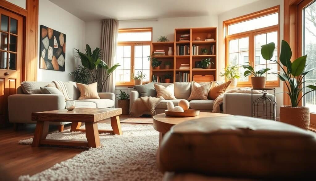 A cozy living room featuring a warm color palette with wooden elements as the focal point. In the foreground, a handcrafted wooden coffee table adorned with a few decorative items sits on a soft, plush area rug. The middle ground showcases a comfortable sofa with textured cushions and throws, radiating warmth and comfort. A tall bookshelf made of natural wood filled with books and plants adds character. In the background, large windows allow soft, natural light to spill into the room, highlighting the rich wood grain and casting gentle shadows. The atmosphere is inviting, perfect for relaxation, with a few potted plants to enhance the homely vibe. Captured at eye level with a slight depth of field to emphasize the wooden elements, creating a serene and welcoming environment.