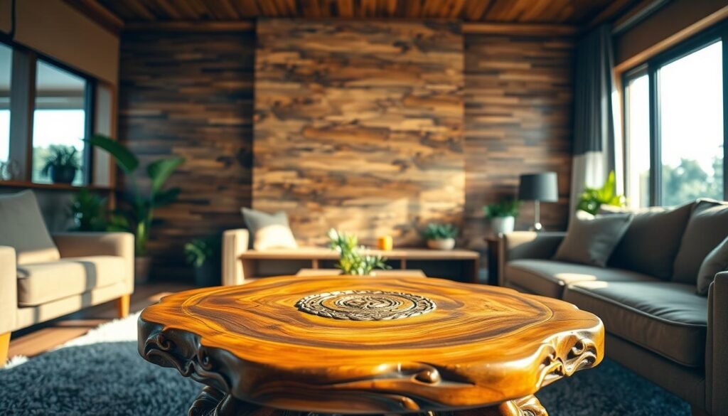 A cozy living room featuring a warm wooden interior design. The foreground showcases a handcrafted wooden coffee table with intricate carvings, surrounded by plush, neutral-colored seating. In the middle ground, a textured wooden accent wall adds depth, complemented by soft, ambient lighting that highlights the natural wood grain. A few green plants peek from the corners, introducing a touch of nature. The background features large windows allowing natural light to flood the space, casting gentle shadows. The overall mood is inviting and serene, perfect for relaxation. Use a soft focus lens to emphasize warmth, with an eye-level angle to create an immersive experience in this thoughtfully designed room. Realistic home décor and woodworking photos, no overlays, logos, or watermarks.